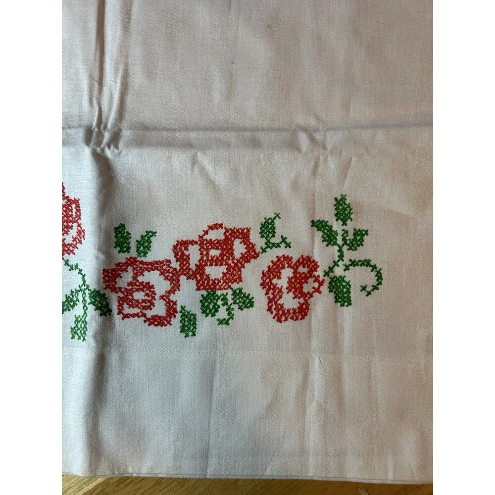 Vintage Cannon Muslin Pillowcases Pair Rose Bird Applique USA Cotton Set 2
